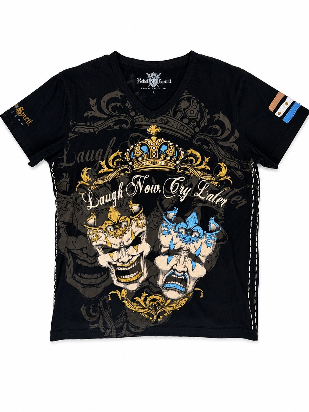 Rebel Spirit Black Tee with Gold & Blue Graphic